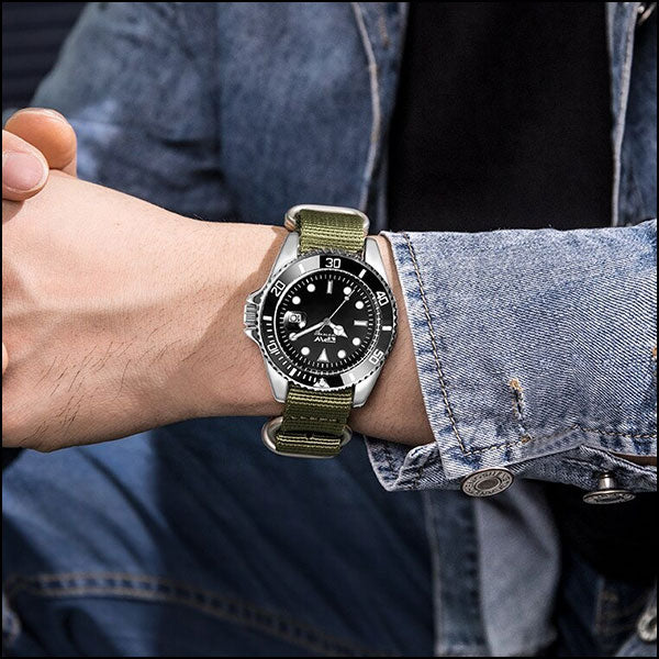 Men's Military Style Diver Watch with Olive Green Strap