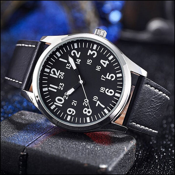 Men's Field Watch with Black Dial & White Stitch Strap
