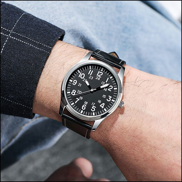 Men's Field Watch with Black Dial & White Stitch Strap