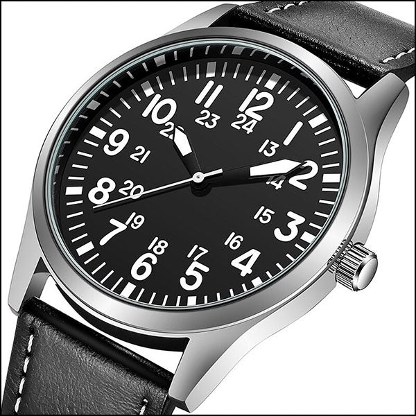 Men's Field Watch with Black Dial & White Stitch Strap