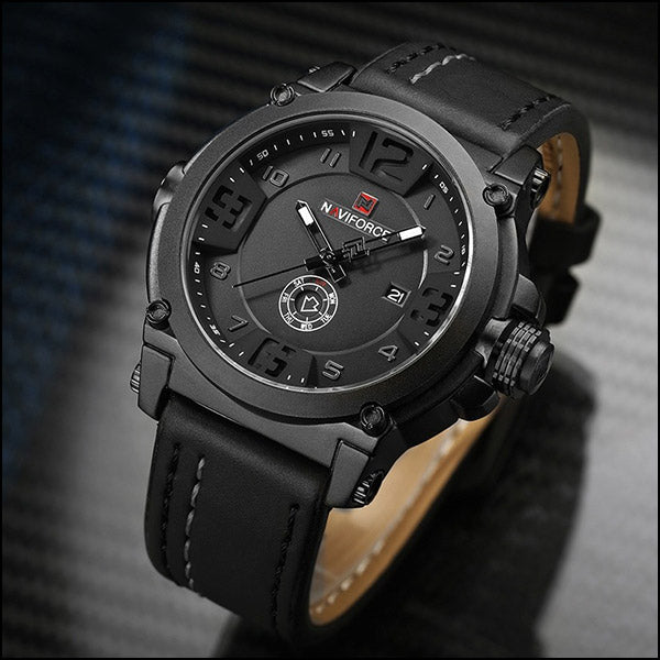 Men's Military Matte Black Leather Strap Watch
