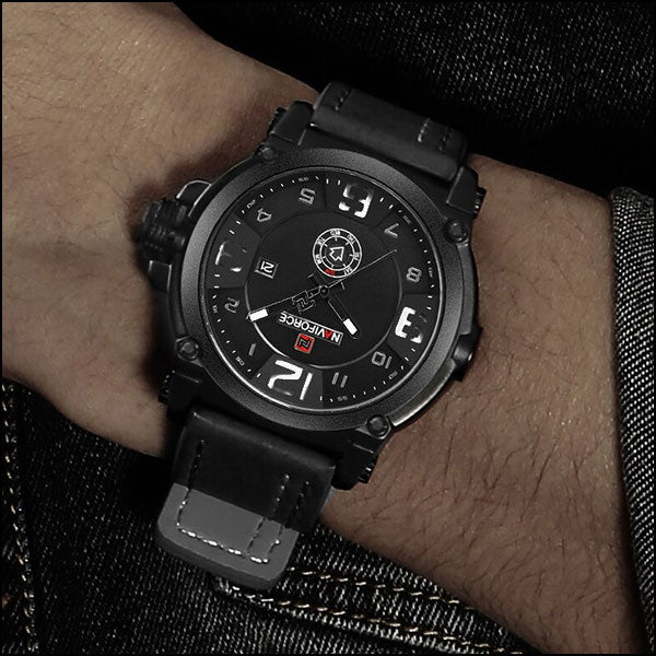 Men's Military Matte Black Leather Strap Watch
