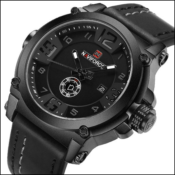 Men's Military Matte Black Leather Strap Watch