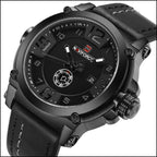 Men's Military Matte Black Leather Strap Watch