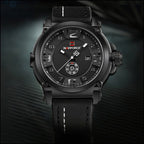 Men's Military Matte Black Leather Strap Watch