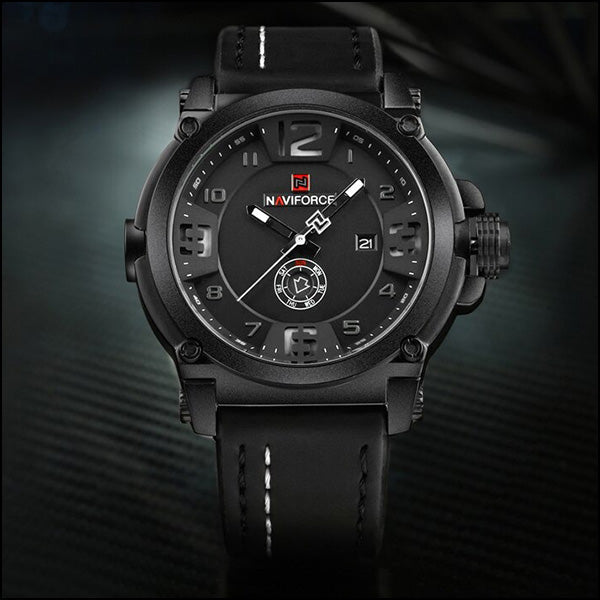 Men's Military Matte Black Leather Strap Watch
