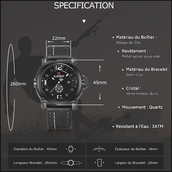 Men's Military Matte Black Leather Strap Watch