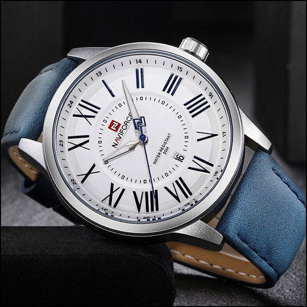 Men's Blue Leather Strap Watch with Roman Numerals
