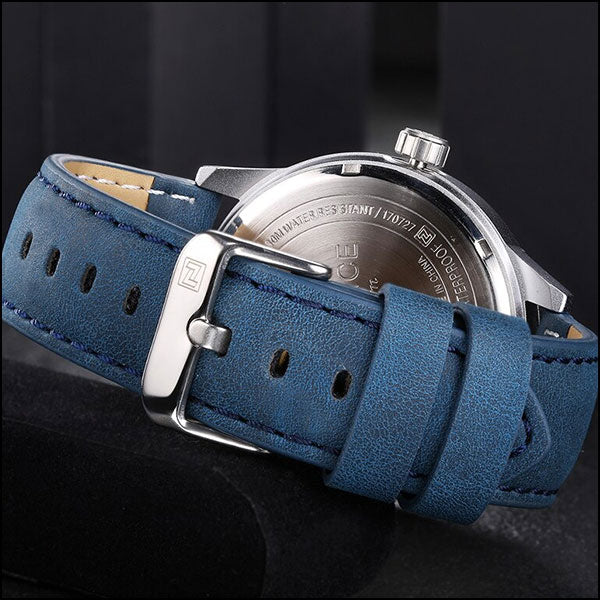 Men's Blue Leather Strap Watch with Roman Numerals
