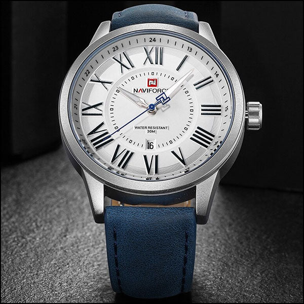 Men's Blue Leather Strap Watch with Roman Numerals