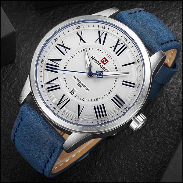 Men's Blue Leather Strap Watch with Roman Numerals