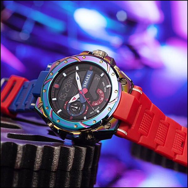 Men's Iridescent Bezel Sport Watch with Red and Blue Strap