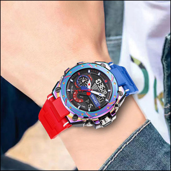 Men's Iridescent Bezel Sport Watch with Red and Blue Strap