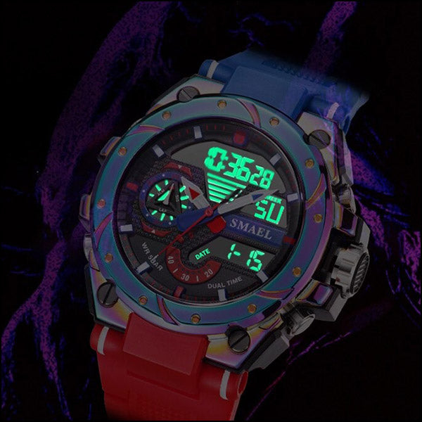 Men's Iridescent Bezel Sport Watch with Red and Blue Strap