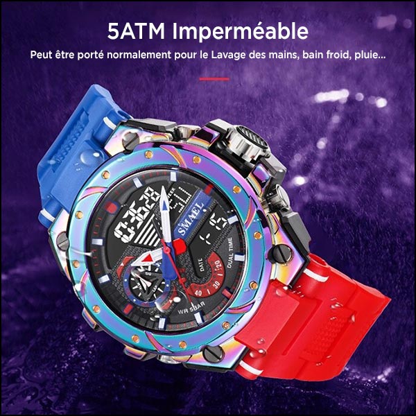 Men's Iridescent Bezel Sport Watch with Red and Blue Strap