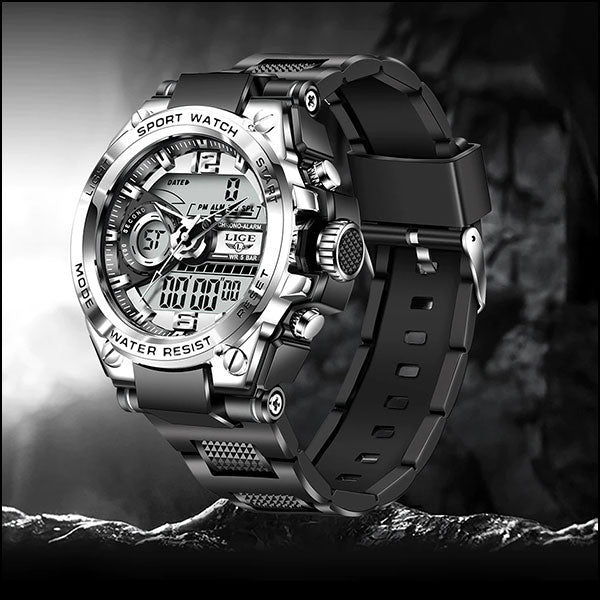 LIGE Men's Gunmetal Dual Display Sport Watch
