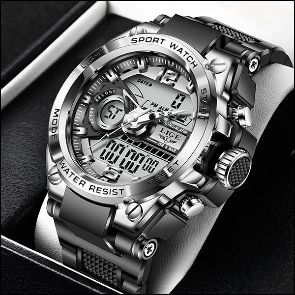 LIGE Men's Gunmetal Dual Display Sport Watch