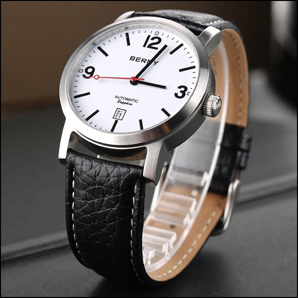 Automatic Men's Watch with White Dial and Black Strap