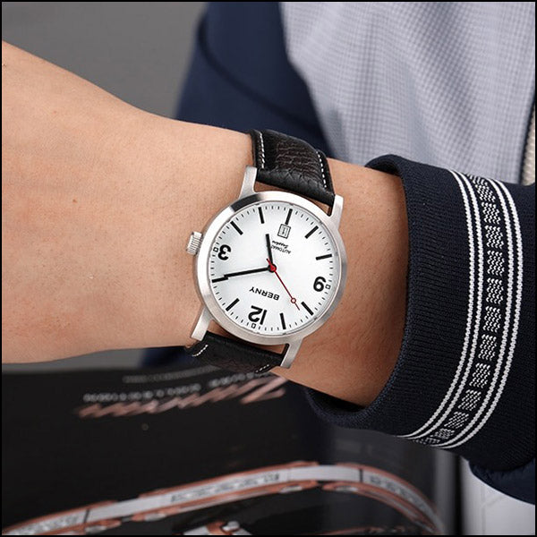 Automatic Men's Watch with White Dial and Black Strap