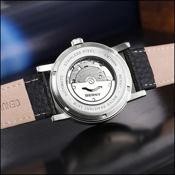 Automatic Men's Watch with White Dial and Black Strap