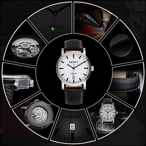 Automatic Men's Watch with White Dial and Black Strap