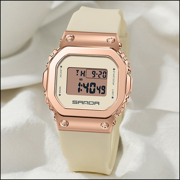 Sporty Rose Gold Digital Watch with Cream Strap