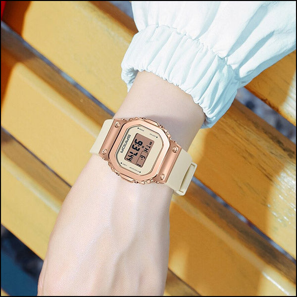 Sporty Rose Gold Digital Watch with Cream Strap