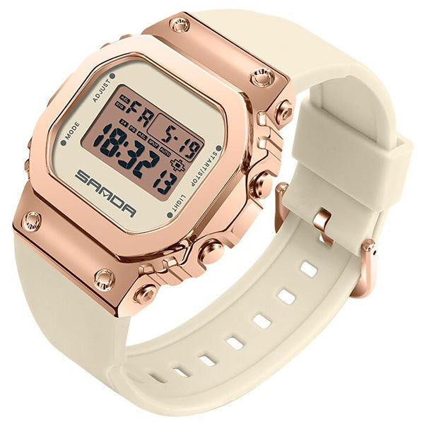 Sporty Rose Gold Digital Watch with Cream Strap