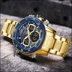 Gold-Tone Men's Sports Watch with Blue Dual Display