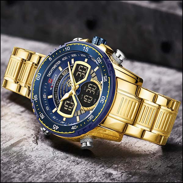 Gold-Tone Men's Sports Watch with Blue Dual Display