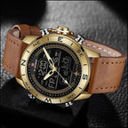Men's Gold-Tone Dual Display Watch with Tan Leather Strap