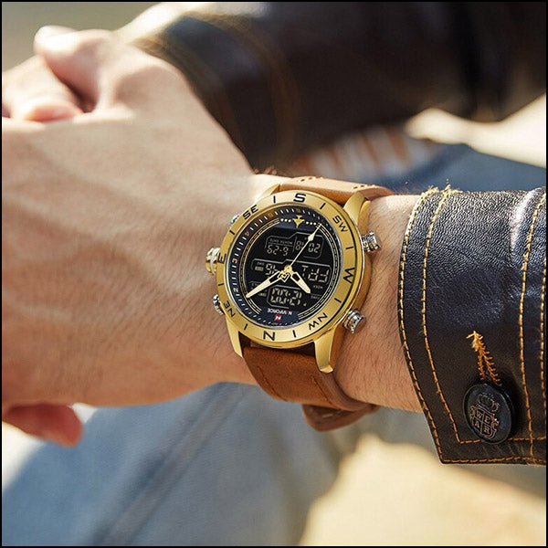 Men's Gold-Tone Dual Display Watch with Tan Leather Strap