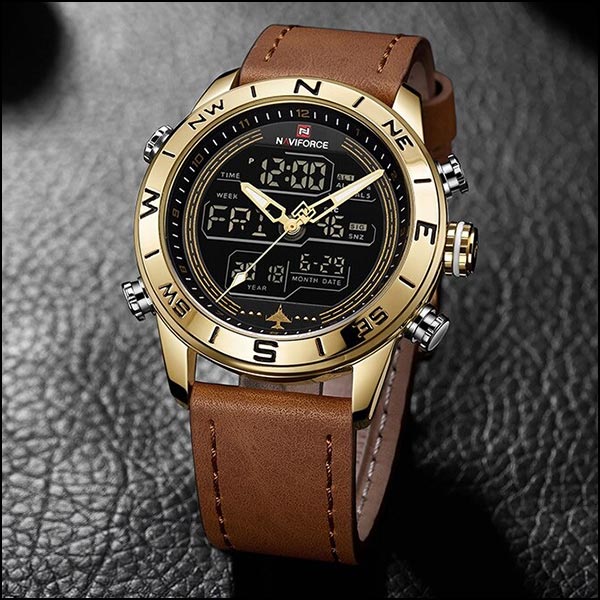 Men's Gold-Tone Dual Display Watch with Tan Leather Strap