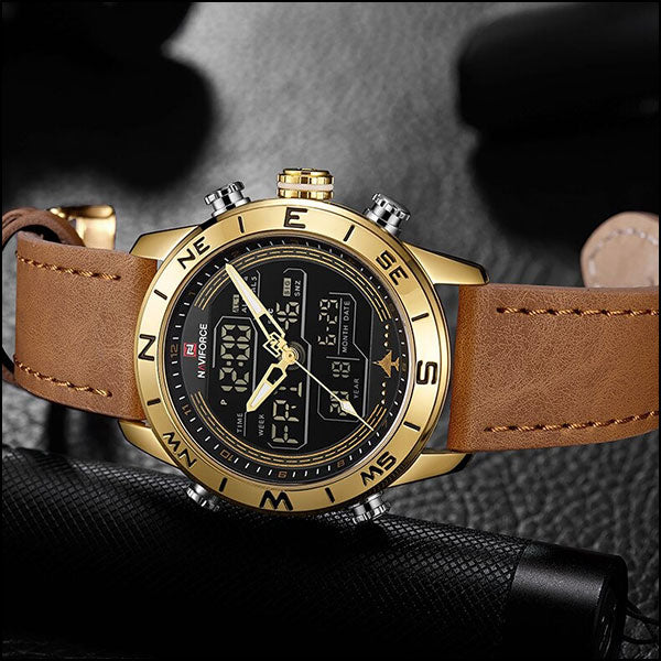 Men's Gold-Tone Dual Display Watch with Tan Leather Strap