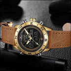 Men's Gold-Tone Dual Display Watch with Tan Leather Strap