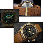 Men's Gold-Tone Dual Display Watch with Tan Leather Strap