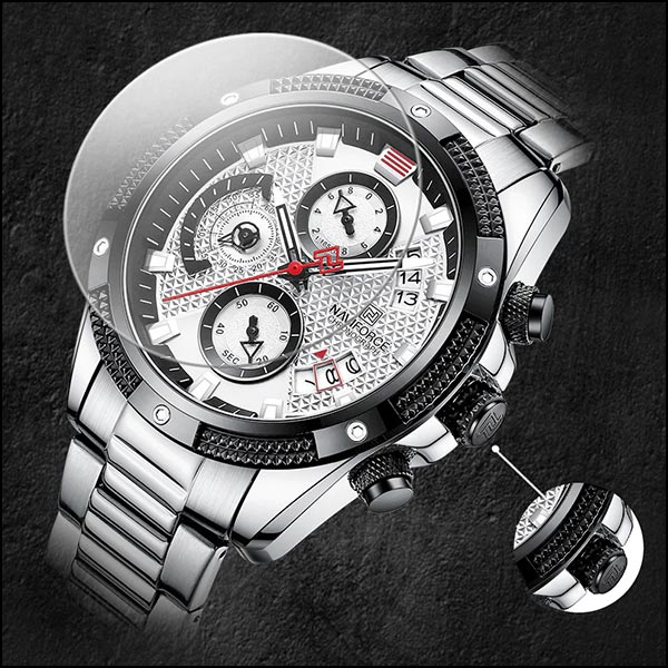 Men's Sporty Chronograph Watch with White Textured Dial