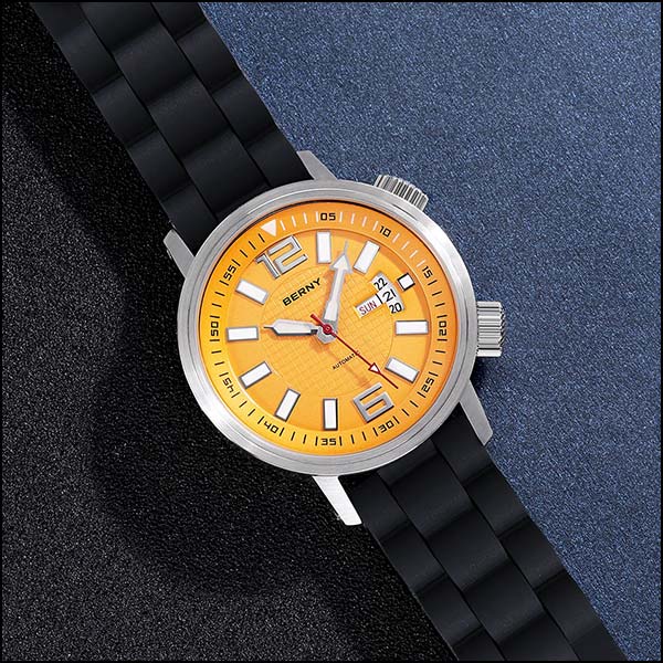 Orange Dial Automatic Watch with Black Silicone Strap
