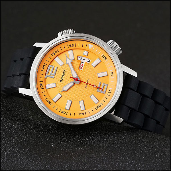 Orange Dial Automatic Watch with Black Silicone Strap