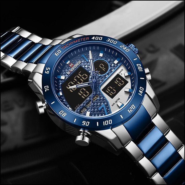 Men's Blue Steel Carbon Fiber Dual Display Watch