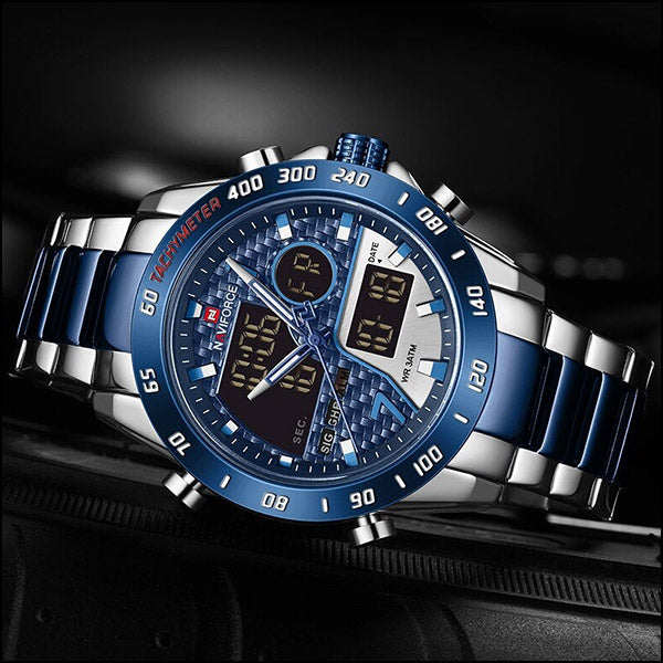 Men's Blue Steel Carbon Fiber Dual Display Watch