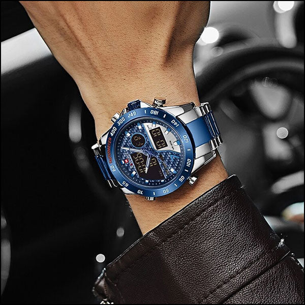 Men's Blue Steel Carbon Fiber Dual Display Watch