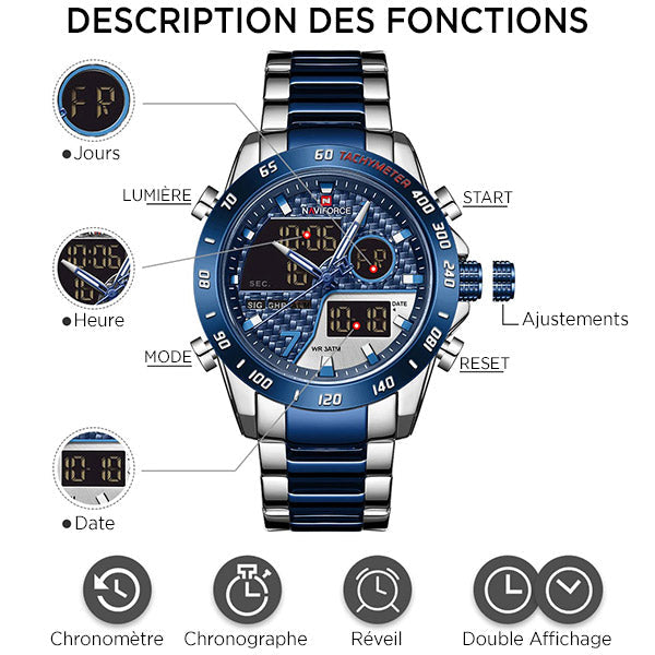 Men's Blue Steel Carbon Fiber Dual Display Watch