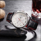 Men's Chronograph Watch with White Hex Dial, Red Stitching