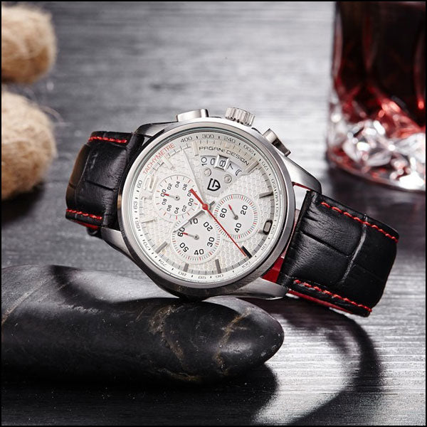 Men's Chronograph Watch with White Hex Dial, Red Stitching