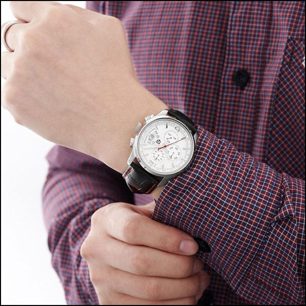 Men's Chronograph Watch with White Hex Dial, Red Stitching