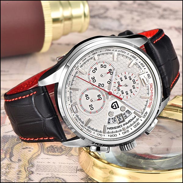 Men's Chronograph Watch with White Hex Dial, Red Stitching