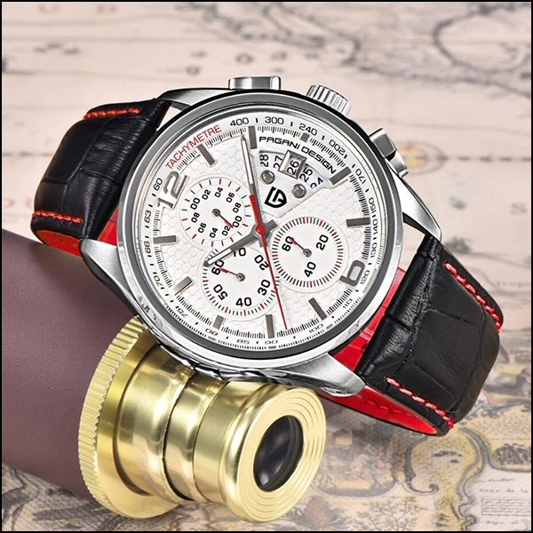 Men's Chronograph Watch with White Hex Dial, Red Stitching