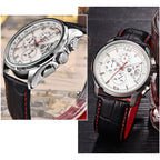 Men's Chronograph Watch with White Hex Dial, Red Stitching