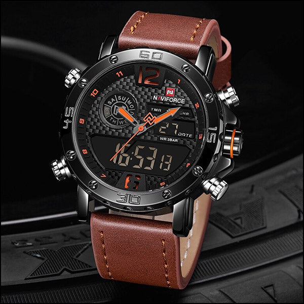 Men's Black Analog Digital Sport Watch, Brown Leather